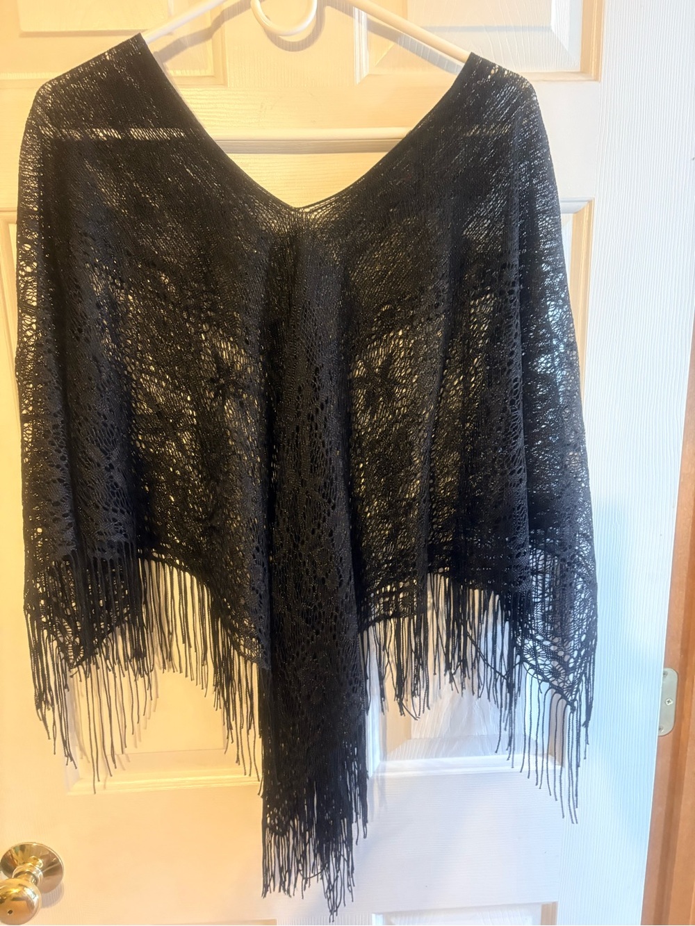 Zoey Beth Black Lace Fringe Poncho M Whimsigoth Boho Goth Crochet Shawl Y2K